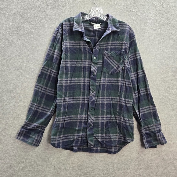 VANS Men Button Up Shirt Medium Blue Plaid Flannel Pocket Long Sleeve Collar - Picture 1 of 11